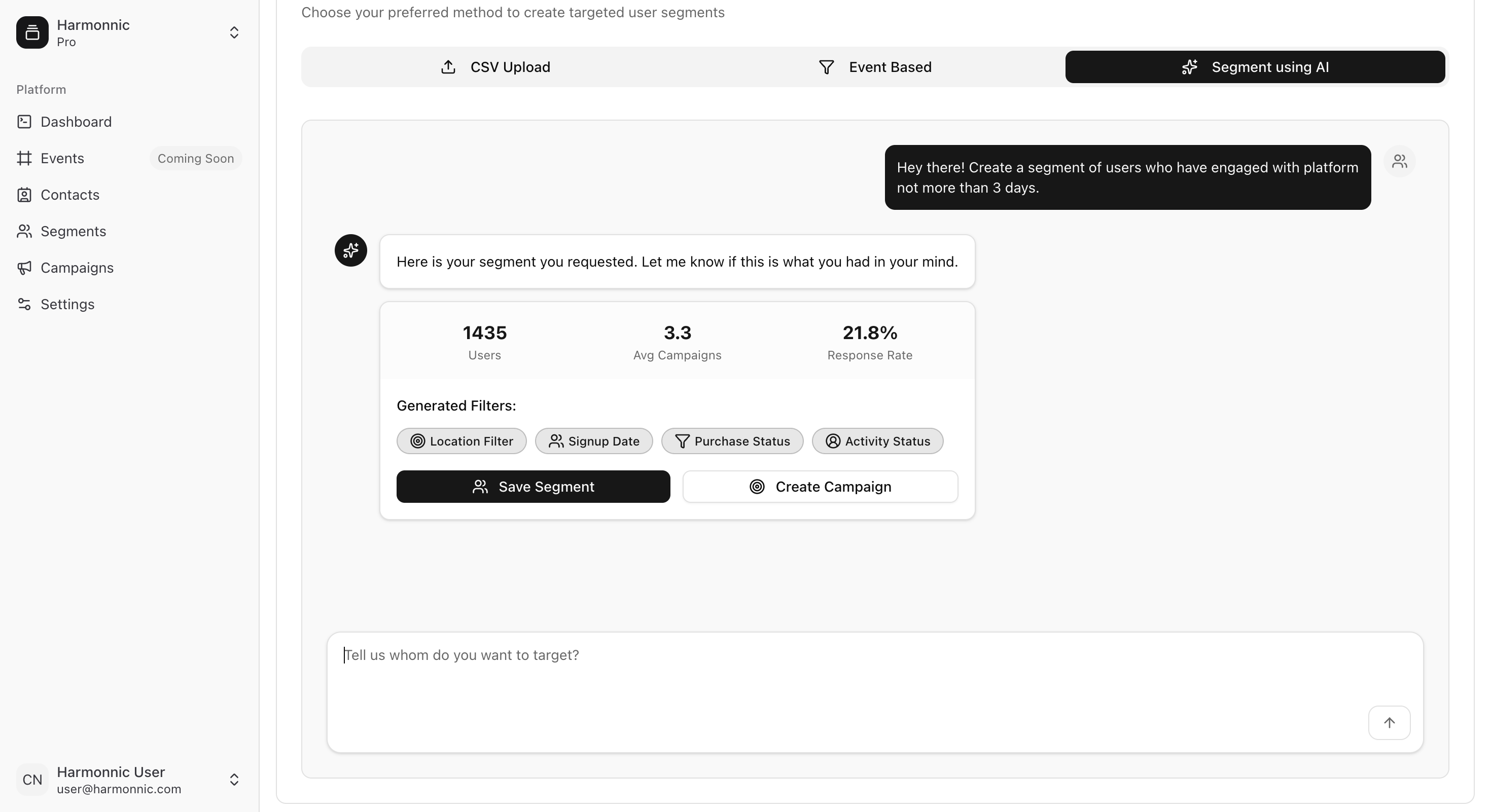 Harmonnic AI Interface - AI-powered user segment creation